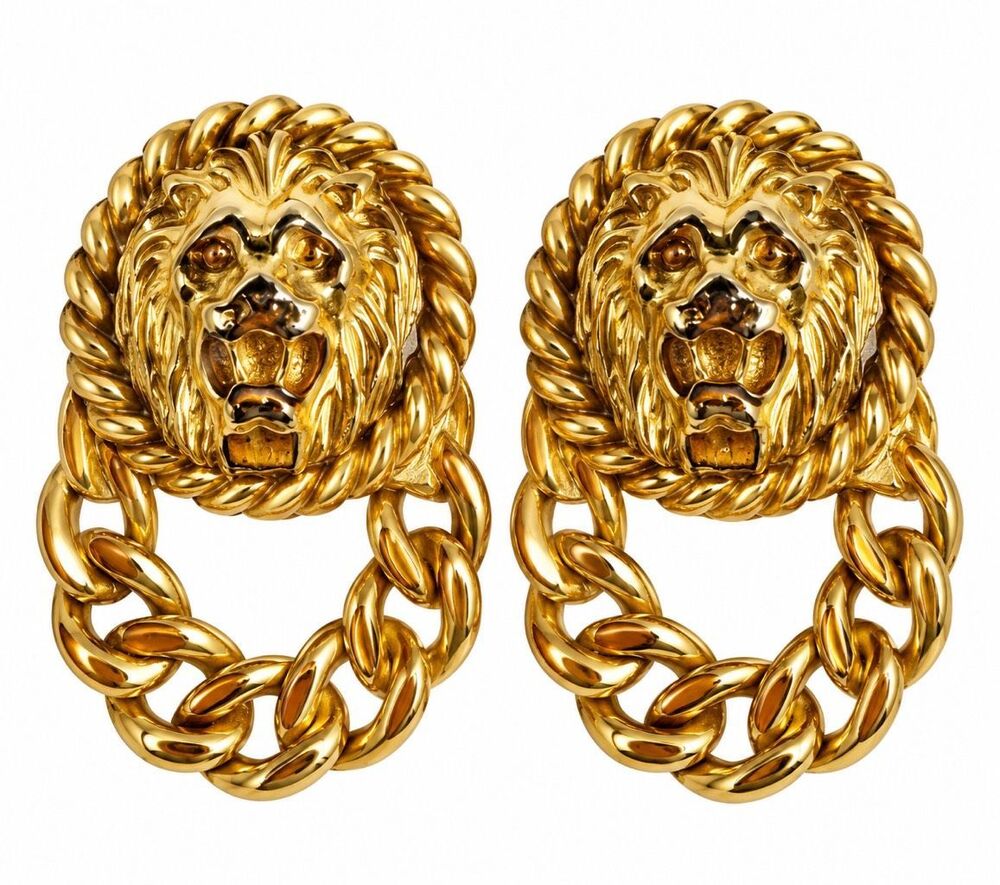 Vintage Gold Tone Lion Head Door Knocker Clip On Earrings Chunky Statement
